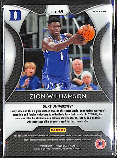 2019-20 Panini Prizm Draft Zion Williamson 26/49 Refractor Rookie Card