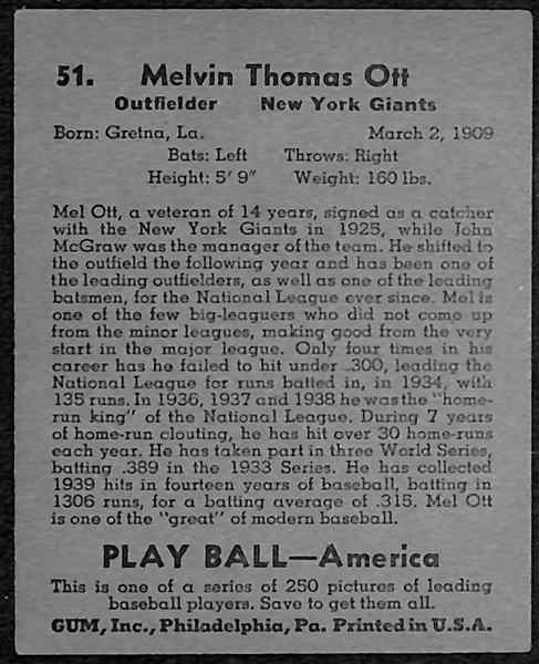 1939 Play Ball Mel Ott (VG.EX OC) #51