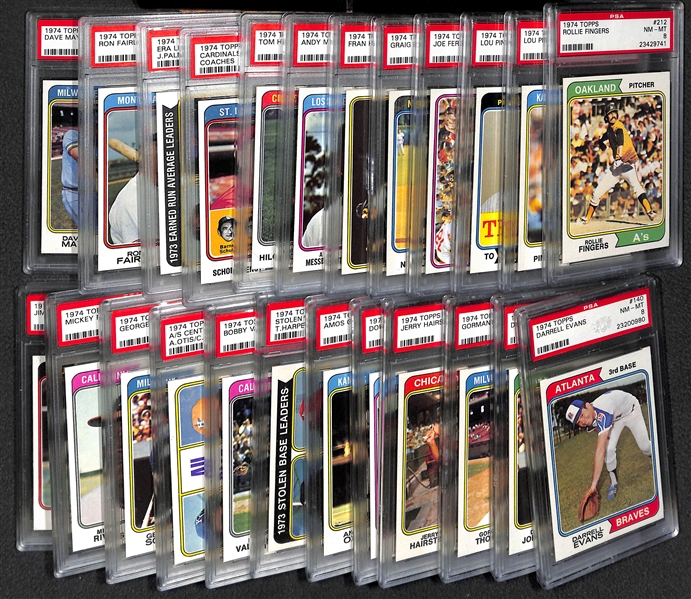 Lot of 24 PSA 8 Graded 1974 Topps Baseball Cards w. Rollie Fingers & Lou Pinella