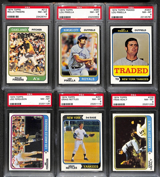 Lot of 24 PSA 8 Graded 1974 Topps Baseball Cards w. Rollie Fingers & Lou Pinella