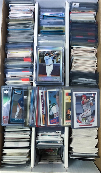3-Row Box of Baseball Rookie Cards w/ Clemens, Mattingly, Boggs, Hoskins, W. Franco, Piazza, Springer, Albies, Bo Jackson, Bellinger, + (Mostly Past 40 Years) 