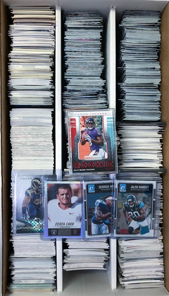 3-Row Box of Football Cards inc. Rookies ( Lamar Jackson, Darnold, Kyler Murray, A. Donald, Carr, +), Stars (Tom Brady, A. Rodgers, W. Payton. +) - Mostly Past 12 Years