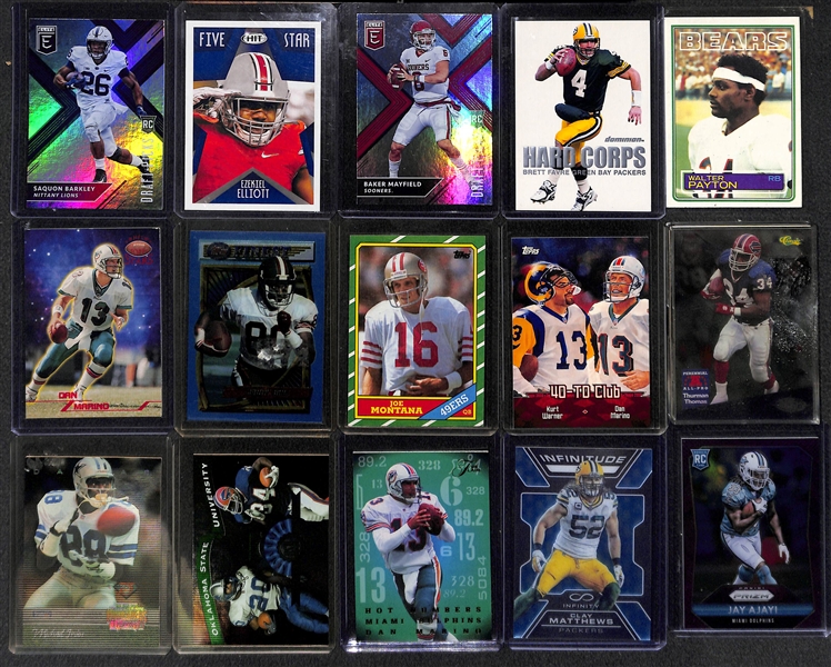3-Row Box of Football Cards inc. Rookies (E. Elliott, S. Barkley, Mayfield ), Stars (Tom Brady, Favre, Marino, Montana, Brees), Mostly Past 20 Years