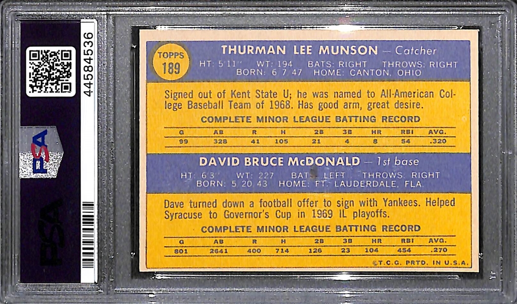 1970 Topps Thurmon Munson #189 Rookie Card Graded PSA 7
