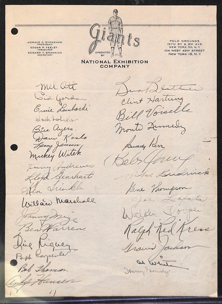 Circa 1951 New York Giants Team Signed Giants Letterhead w/ Travis Jackson, Thomson, Mize, Lombardi, Gordon, Jansen - JSA Auction Letter