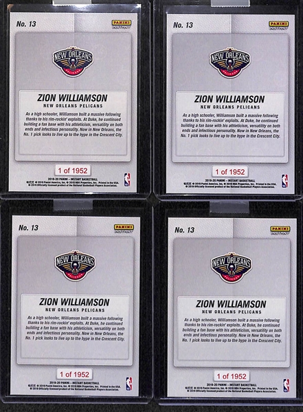 Lot of (4) Zion Williamson Panini Instant Rookie Cards (2019-20) - Each #ed to /1952