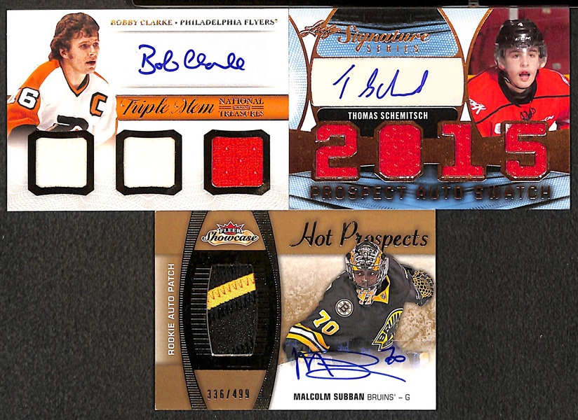 Lot of (6) Hockey Autograph or Jersey Relic Cards w/ Bob Clarke Auto National Treasures Triple Jersey 