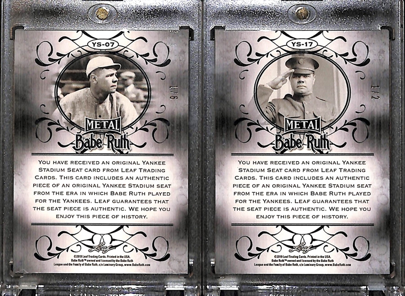 Lot of (2) Babe Ruth 2019 Leaf Metal Relic Cards (#1/2 and #1/6) w/ Yankee Stadium Seat Relics