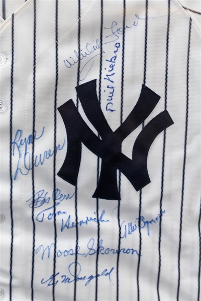 New York Yankees Jersey Signed By (16) incl. Whitey Ford, Phil Niekro, Don Larsen, Tino Martinez, and others. Framed 25.5x30.5 - JSA Auction Letter