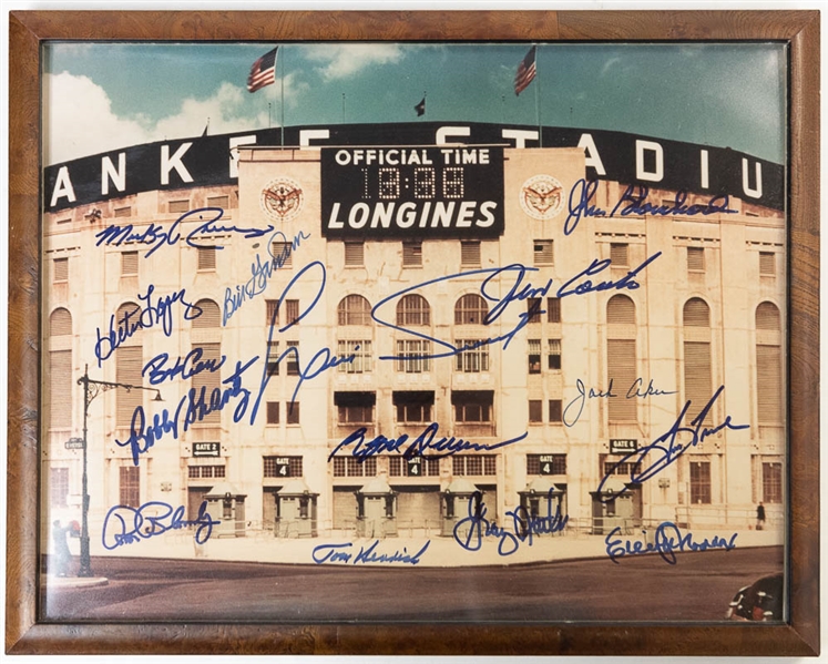 Framed Yankee Stadium photo (11x14) Signed by (15) Inc. Tiant, Rivers, Henrich, Tresh, and More - JSA Auction Letter