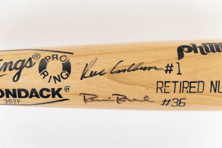 Rawlings-Adirondack Phillies Retired Numbers bat multi-signed by Richie Ashburn, Robin Roberts, Mike Schmidt, and Steve Carlton (Carlton Signature Faded) - JSA Auction Letter