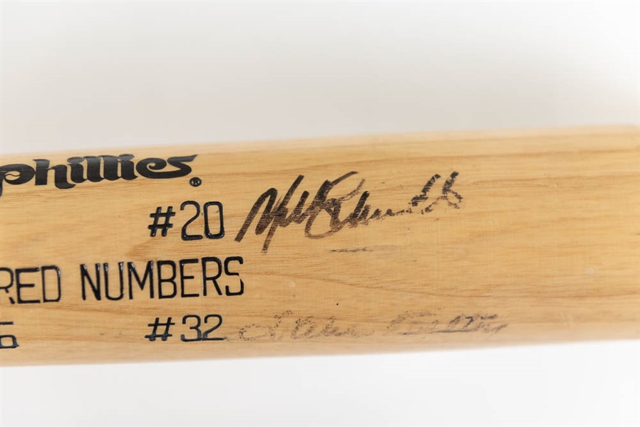 Rawlings-Adirondack Phillies Retired Numbers bat multi-signed by Richie Ashburn, Robin Roberts, Mike Schmidt, and Steve Carlton (Carlton Signature Faded) - JSA Auction Letter
