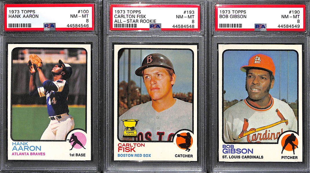 1973 Topps Baseball Card Set Missing 3 Cards Listed Above - Mostly Pack-Fresh Cards Inc. Aaron #100 PSA 8, Carlton Fisk Rookie #193 PSA 8 and Gibson #190 PSA 8