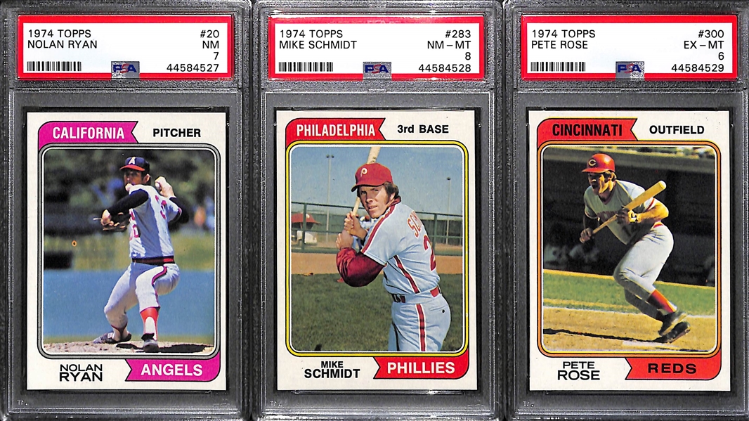 1974 Topps Baseball Card Complete Set - Mostly Pack-Fresh Cards Inc. Schmidt #283 PSA 8, Nolan Ryan #20 PSA 7, and Pete Rose #300 PSA 6