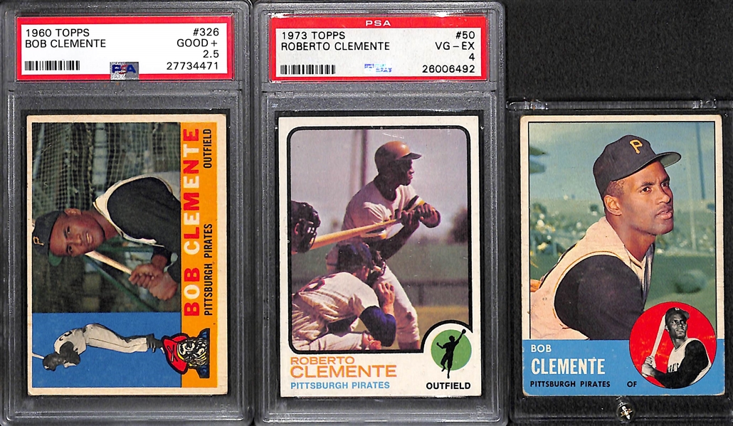 Roberto Clemente Lot - 1960 Topps #326 PSA 2.5, 1963 Topps #540, 1973 Topps #50 PSA 4