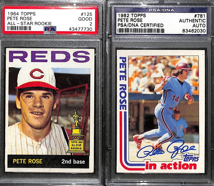 Lot of (2) Pete Rose Cards - 1964 Topps #125 PSA 2 & Signed 1981 Topps Card (PSA/DNA Certified)