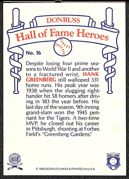 Hank Greenberg Signed 1983 Donruss Hall of Fame Heroes Card - JSA Auction Letter