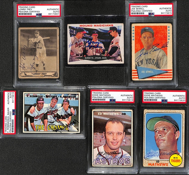 (6) Vintage Signed Cards - 1940 Playball Lonny Frey, 1960 Burdette/Spahn, 1961 Fleer Sewell, 1967 Topps B. Robinson, 1967 & 1968 E. Mathews  - JSA Auction Letter