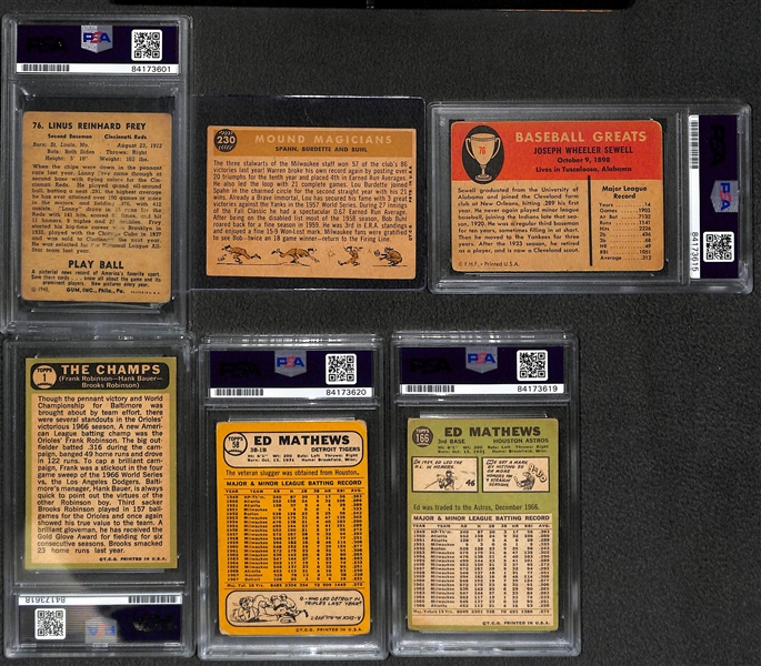 (6) Vintage Signed Cards - 1940 Playball Lonny Frey, 1960 Burdette/Spahn, 1961 Fleer Sewell, 1967 Topps B. Robinson, 1967 & 1968 E. Mathews  - JSA Auction Letter