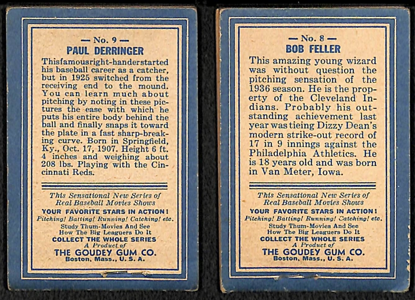 (2) 1937 Goudey R-342 Thum Movies - Bob Feller (#8) and Paul Derringer (#9)
