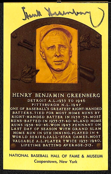 Hank Greenberg Signed Hall of Fame Plaque Card - JSA Auction Letter