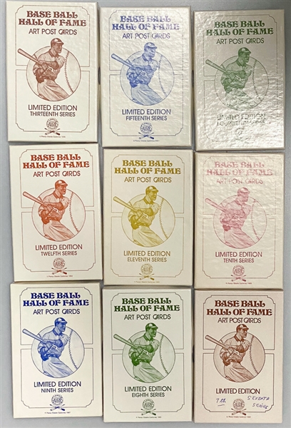 (9) 1980s Perez Steele Baseball HOF Art Post Card Sets (Inc. Series 7,8,9,10,11,12,13,14, and 15) in Original Boxes