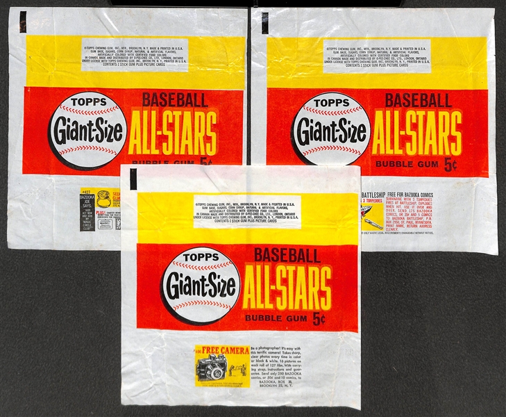 Rare Lot of (3) 1964 Topps Giants Baseball All-Star Wax Pack Wrappers