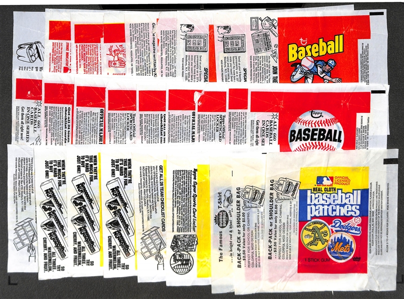 Lot of (27) Old Baseball Wax Pack Wrappers (1) 1972 Topps, (3) 1973 Topps, (3) 1974 Fleer Cloth Patches, (9) 1974 Topps, (5) 1975 Topps, (6) 1979 Topps.