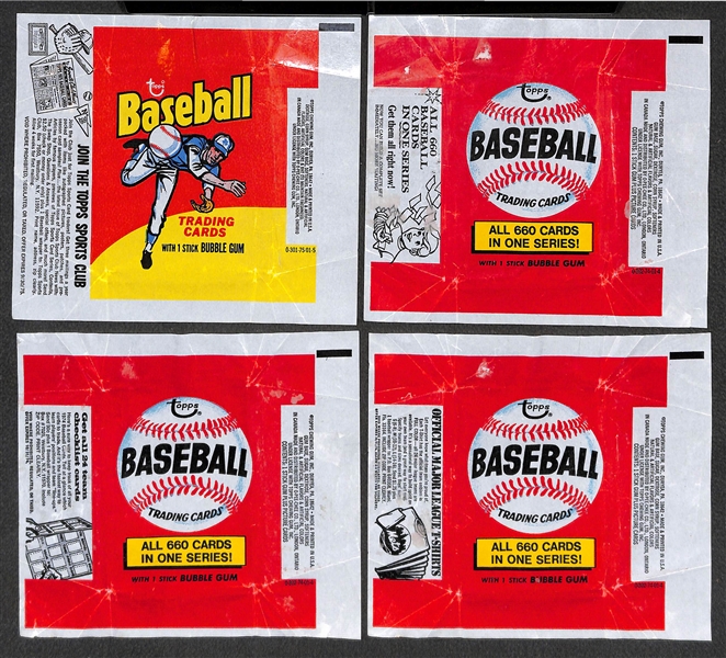 Lot of (27) Old Baseball Wax Pack Wrappers (1) 1972 Topps, (3) 1973 Topps, (3) 1974 Fleer Cloth Patches, (9) 1974 Topps, (5) 1975 Topps, (6) 1979 Topps.