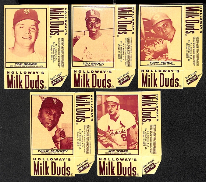 Lot of (5) HOF 1971 Milk Duds Panels (Partial Boxes) - Seaver, Brock, Perez, McCovey, Torre