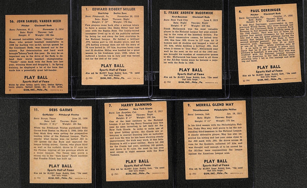 High-Quality 7-card 1941 Playball Lot (Vander Meer, Miller, McCormick, Derringer, Garms, Danning, May)
