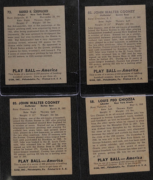 Lot of (4) Signed (Personalized) 1939 Playball Cards (Chiozza, 2 Cooney, Schumacher)