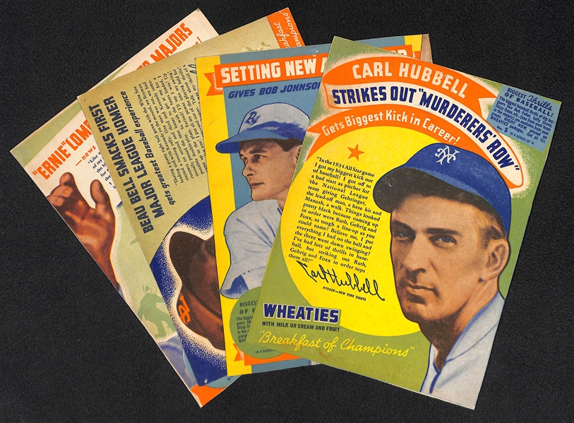 Lot of (4) 1938 Wheaties Panels (Hubbell, B. Johnson, B. Bell, Lombardi) - Series 10 (#s 5,6,7,8) w/ Writing on Back