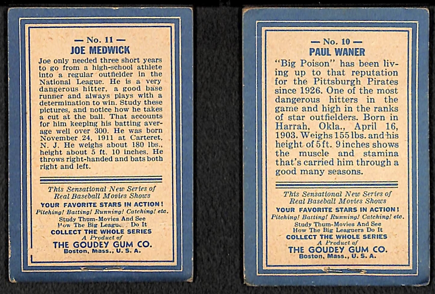 (2) 1937 Goudey R-342 Thum Movies - Paul Waner (#10) and Joe Medwick (#11)