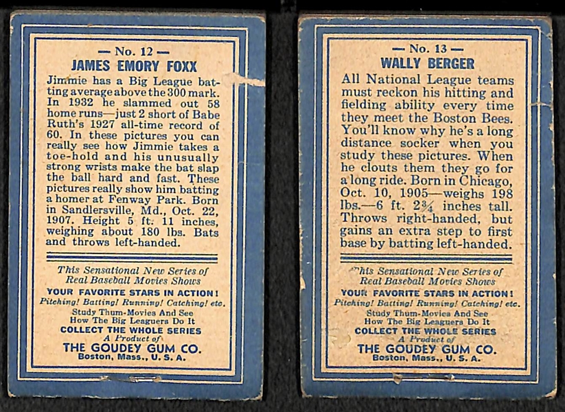 (2) 1937 Goudey R-342 Thum Movies - Jimmie Foxx (#12) and Wally Berger (#13)