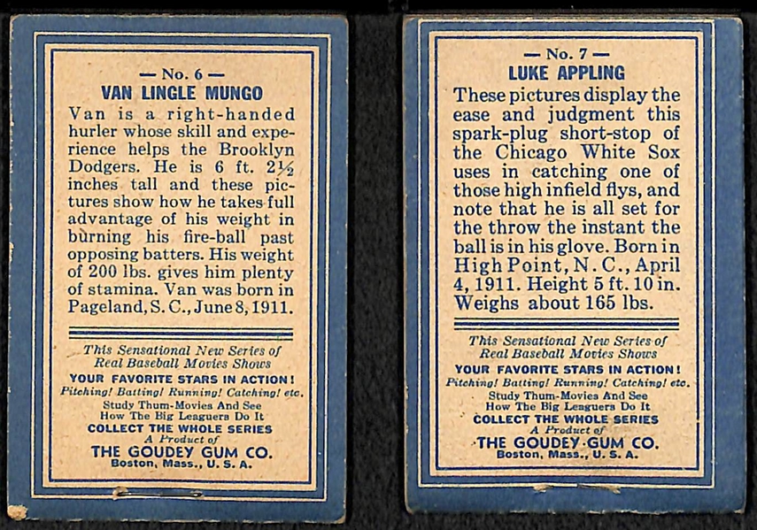 (2) 1937 Goudey R-342 Thum Movies - Luke Appling (#7) and Van Lingle Mungo (#6)