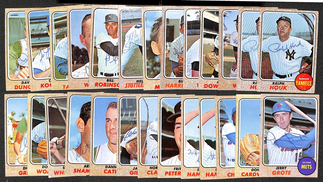 Lot of (26) Signed 1968 Topps Cards (Yankees, Mets and A's) Inc. (2) Houk, R. White, Downing, Tresh, Harrelson, G. Michael, Stottlemyre, B. Robinson - JSA Auction Letter