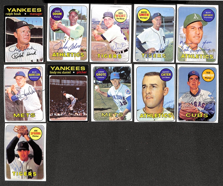 Lot of (28) Signed 1969-1971 Topps Cards (Mostly Yankees) Inc. Houk, Campaneris, Joe Sparma, B. Harrelson., Mayo Smith, Odom - JSA Auction Letter