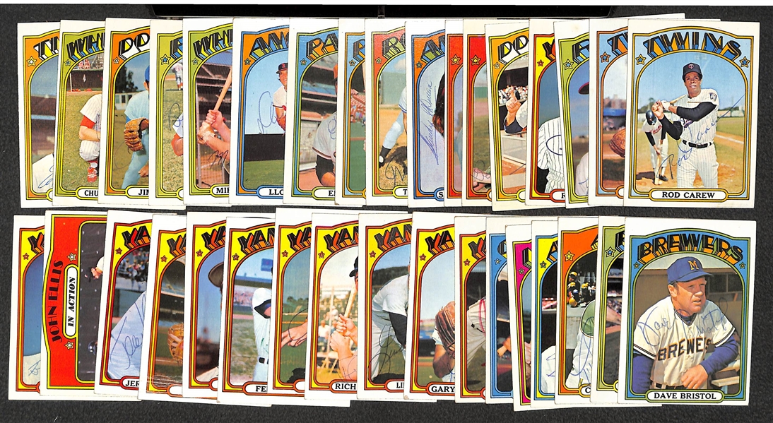Lot of (34) Signed 1972 Topps Cards Inc. Rod Carew, B. Blyleven, W. Alston, Sparky Anderson, R. Houk, Campaneris, V. Blue - JSA Auction Letter