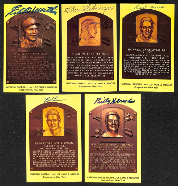 Lot of (5) Signed HOF Plaque Cards (Mathews, Gehringer, Averill, Lemon, Herman) w/ JSA Auction Letter