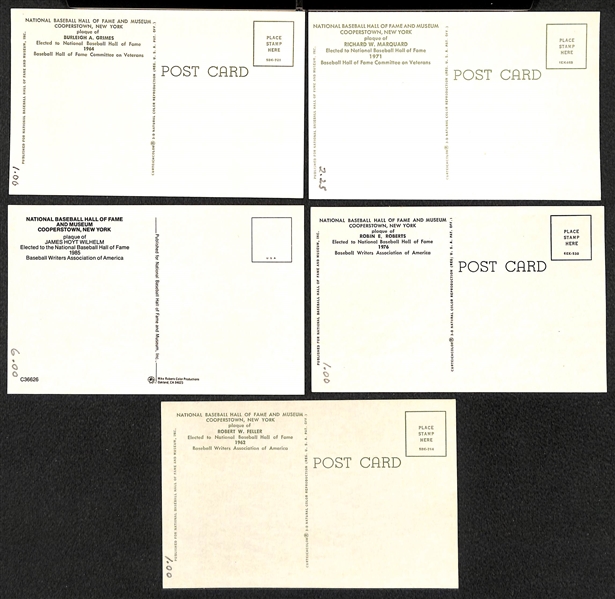 Lot of (5) Signed HOF Plaque Cards (Grimes, Marquard, Wilhelm, Roberts, Feller) w/ JSA Auction Letter