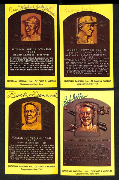Lot of (4) Signed HOF Plaque Cards (Judy Johnson, Spahn, Leonard, Feller) w/ JSA Auction Letter