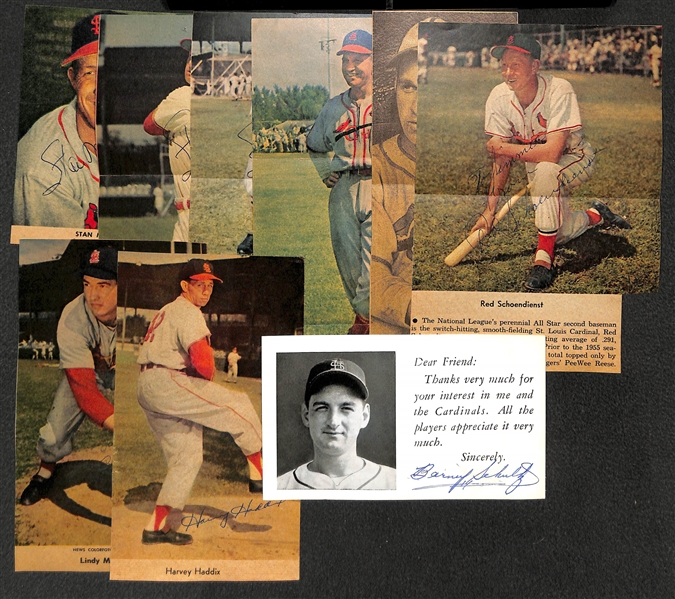 Lot of (9) St Louis Cardinals Autographed Clippings w/ (3) Musial, (2) Slaughter, Schoendienst - JSA Auction Letter