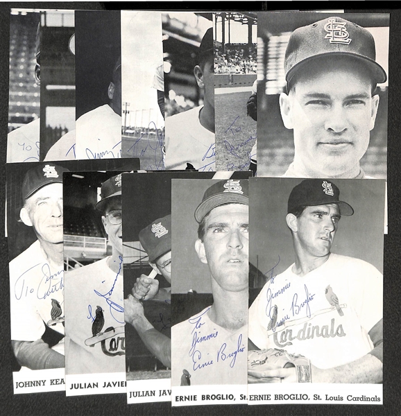 Lot of (12) St. Louis Cardinals Signed 1962-1963 Photo Cards inc. Bob Gibson, (2) Javier, (2) Bill White, (2) Broglio, Johnny Keane  - JSA Auction Letter