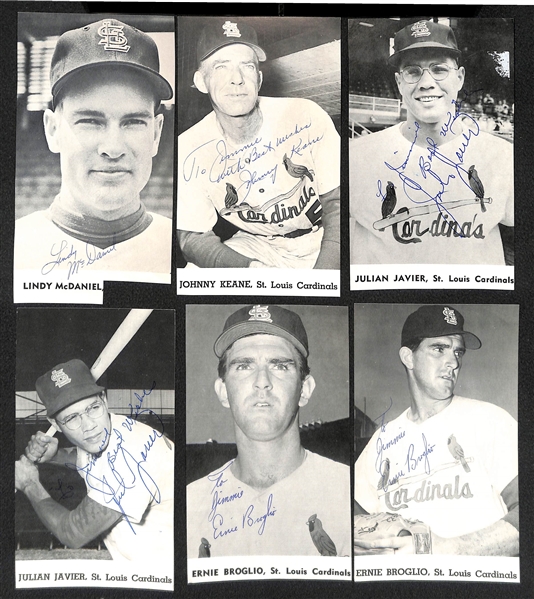 Lot of (12) St. Louis Cardinals Signed 1962-1963 Photo Cards inc. Bob Gibson, (2) Javier, (2) Bill White, (2) Broglio, Johnny Keane  - JSA Auction Letter