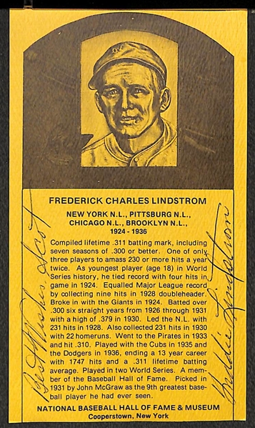Fred Lindstrom (HOF) Signed Hall of Fame Plaque Card - Heavy Stock Plaque Card (JSA Auction Letter)