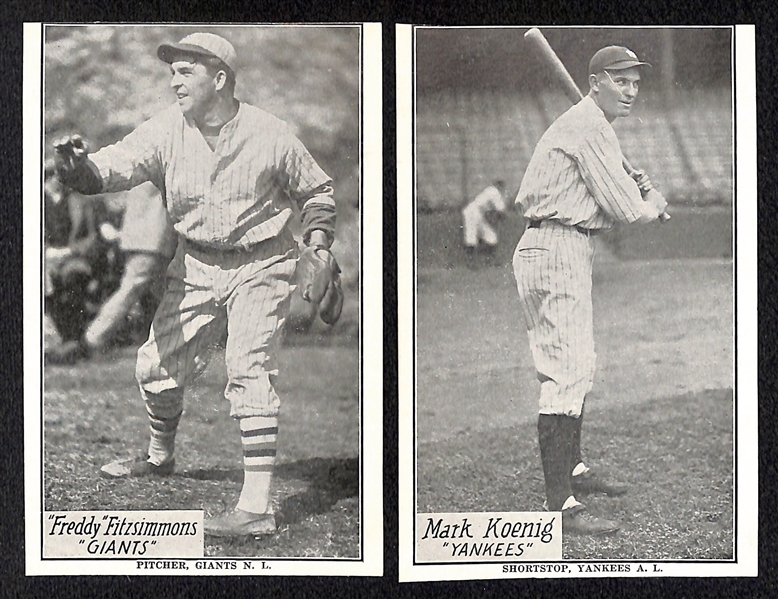 Lot of (2) 1929-30 R315 Cards - Mark Koenig (Yankees) & Freddy Fitzsimmons (Giants) - Baseball Correspondence Stamp on Back