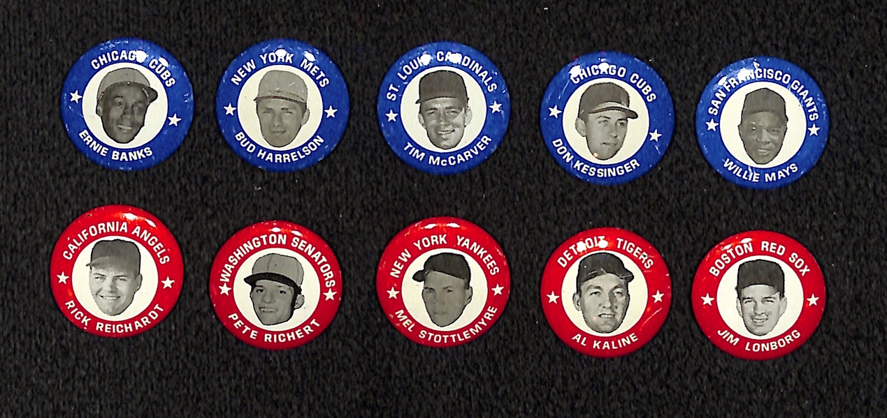 Lot of (10) 1969 MLBPA Pins inc. Mays, Banks, and Kaline - Rare