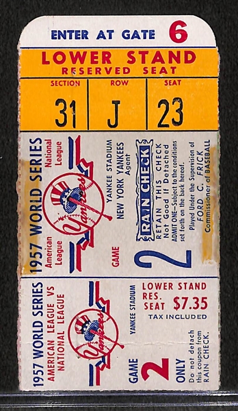 1957 World Series Ticket Stub - Game 2  (Some Tape Residue)