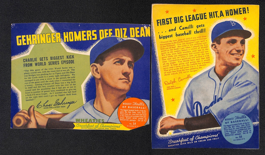 Lot of (2) 1938 Wheaties Panels (Charles Gehringer and Dolph Camilli) - Series 10 (#s 14 and 16) w/ Writing on Back